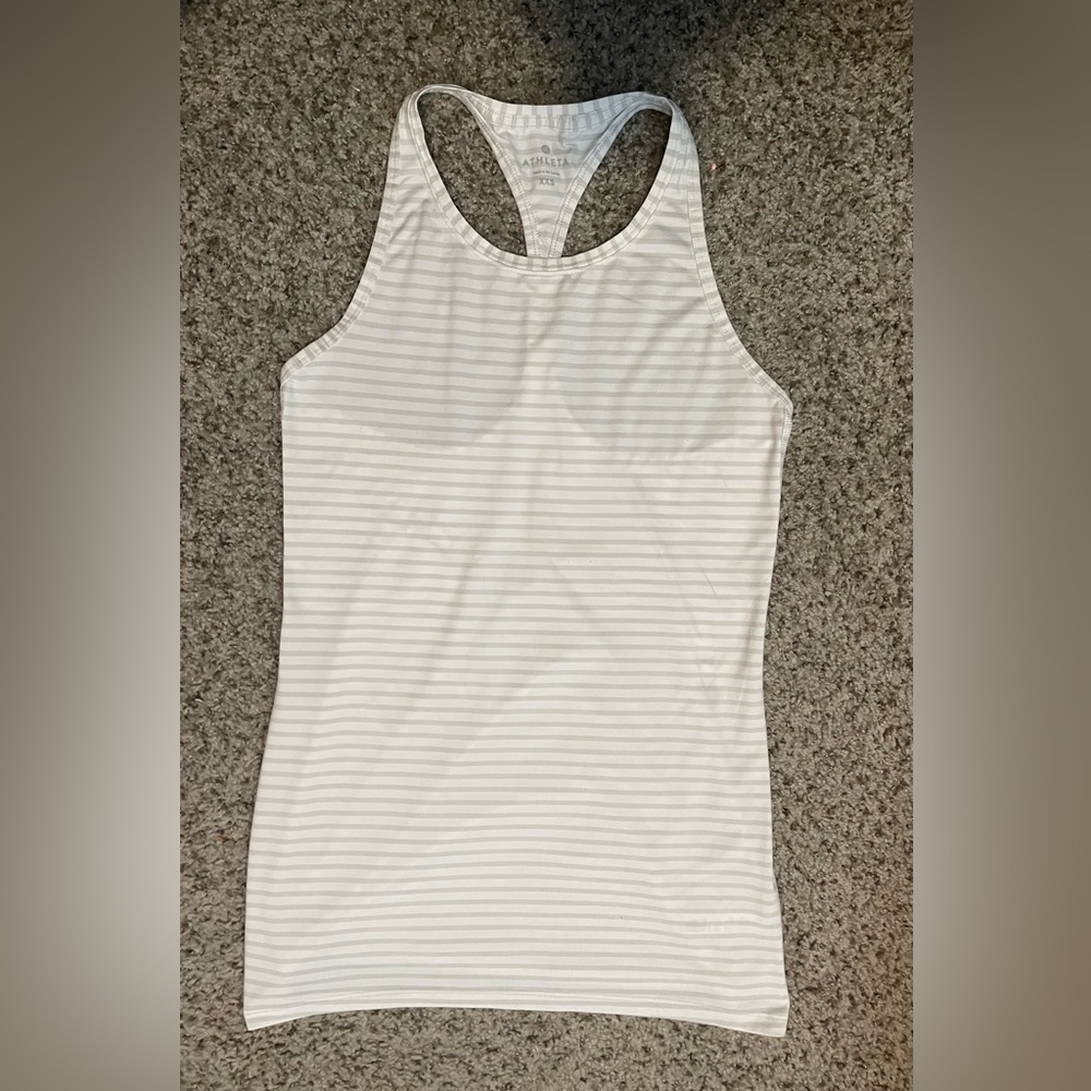Athleta Racerback Tank Top White Gray Striped Pattern Size XXS EUC